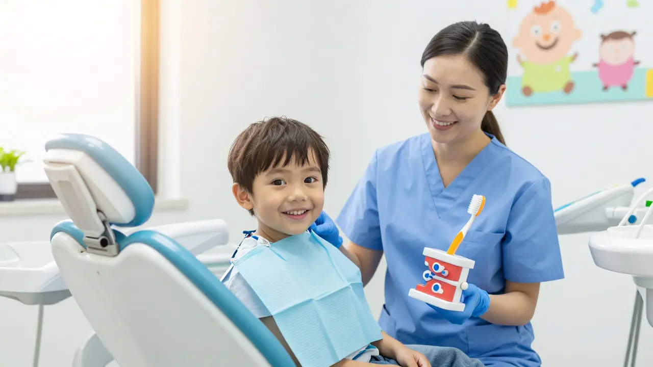 Dítě se usmívá u dentální hygienistky s velkým kartáčkem
