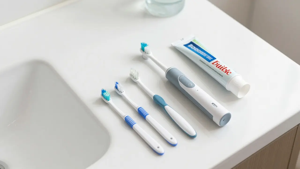 Hygienické pomůcky pro čištění zubů s rovnátky na zrcadle