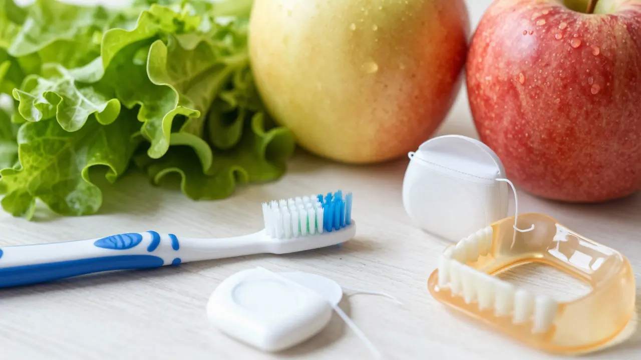 Hygienické potřeby a ovoce symbolizující péči o zuby