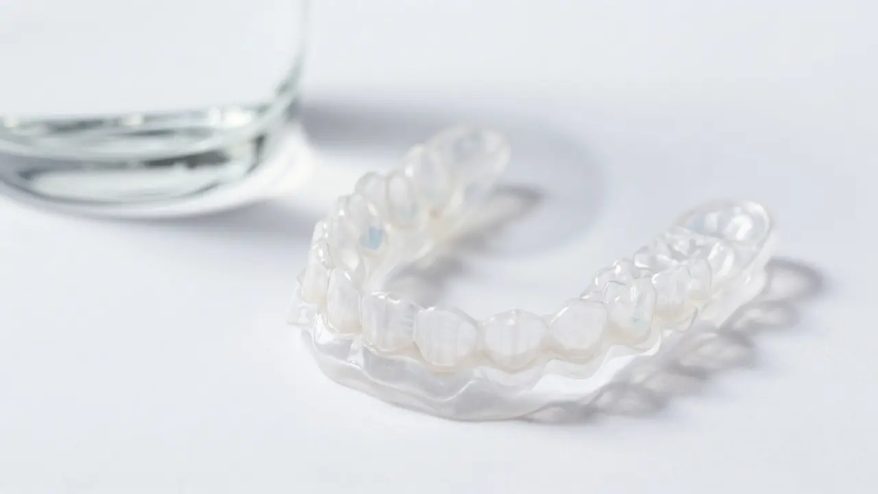 Transparentní Invisalign destičky na bílém povrchu vedle sklenice vody