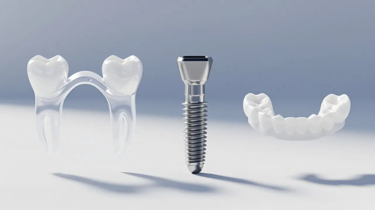 Abstract comparison of dental bridge, implant, and denture stability