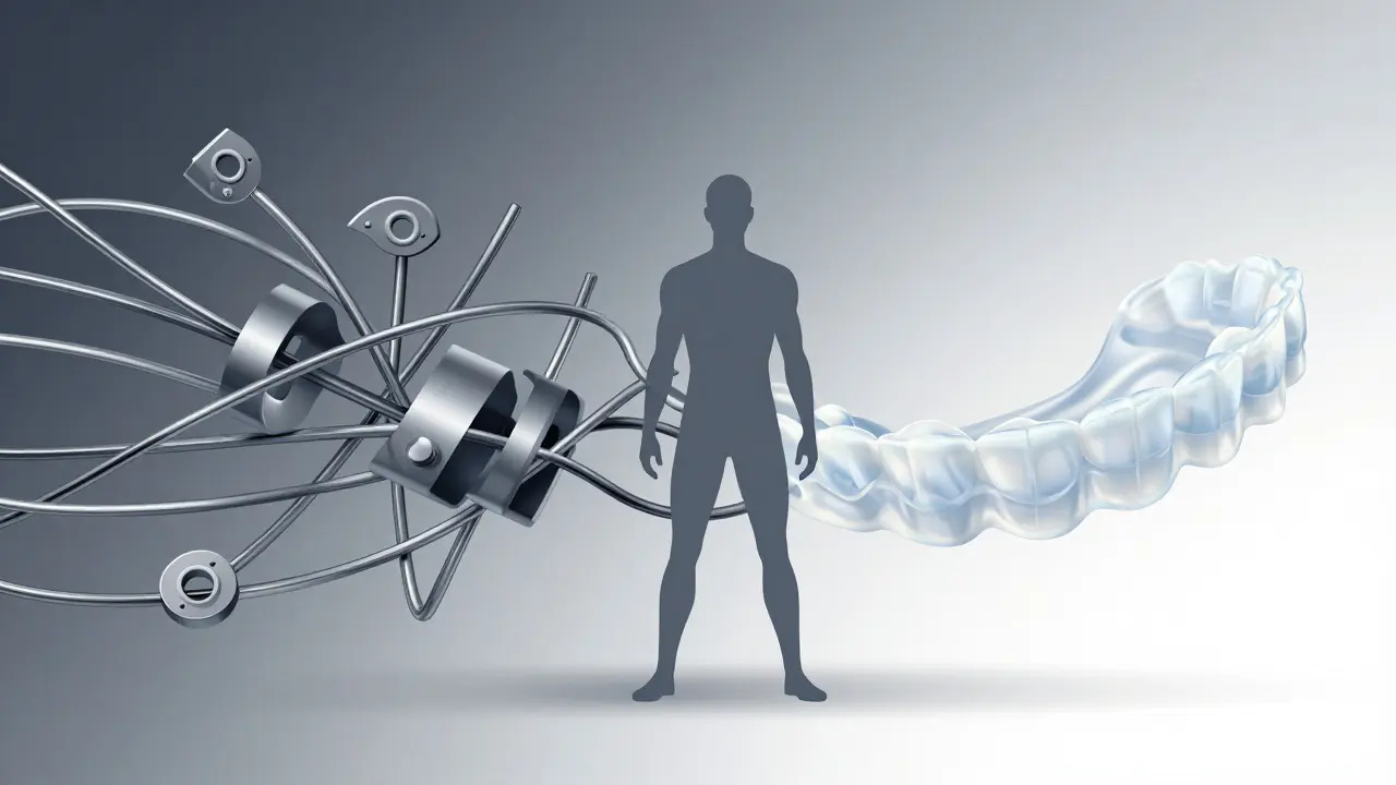 Conceptual art comparing metal braces and clear aligners