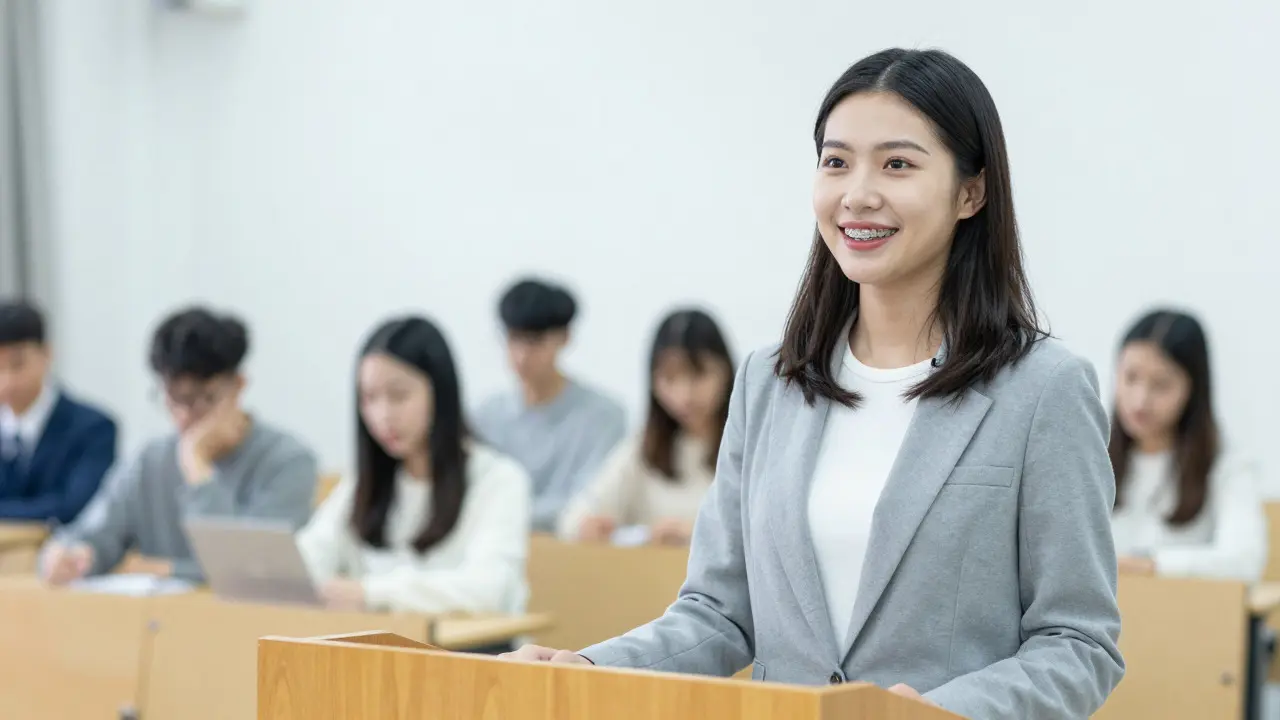 Confident student presenting in class wearing invisible aligners