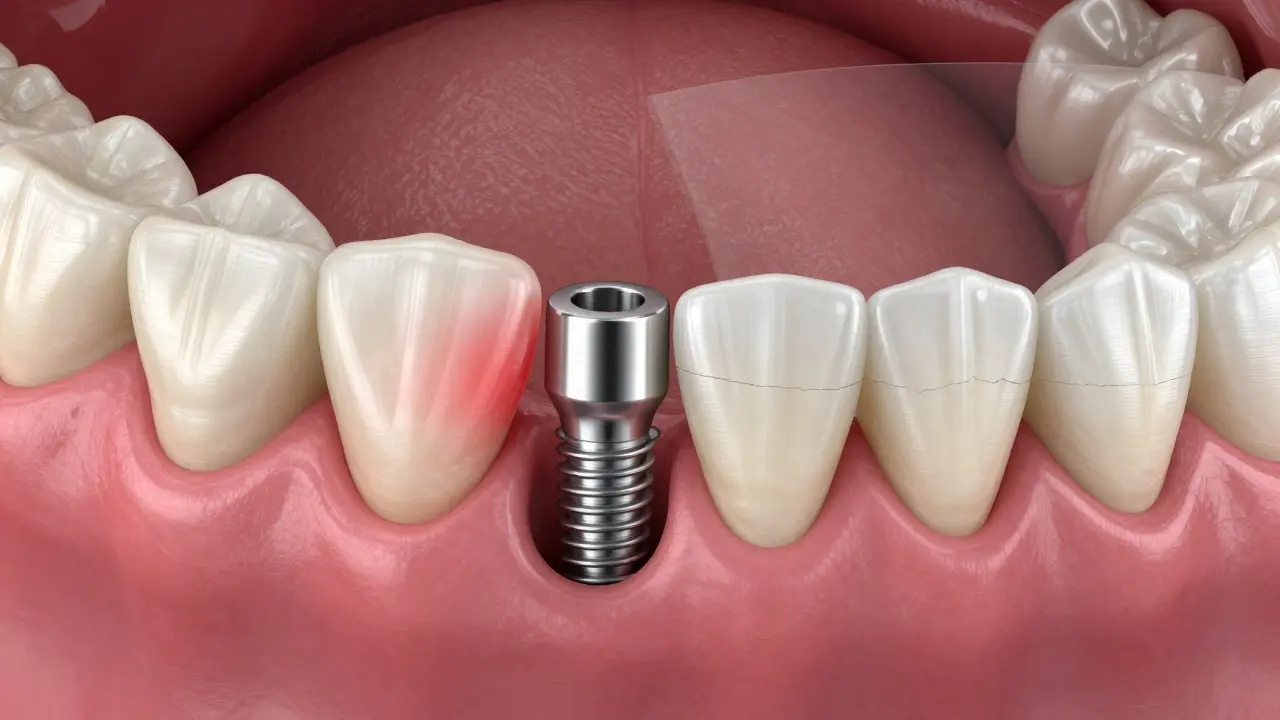 Detailní pohled na implantáty v kosti s riziky zánětu