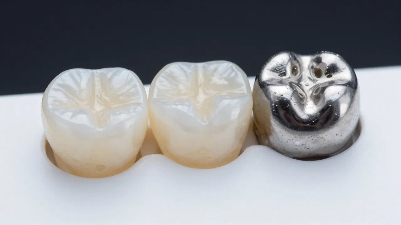 Detailní pohled na různé typy zubních korun z cirkonie, E-maxu a metalokeramiky