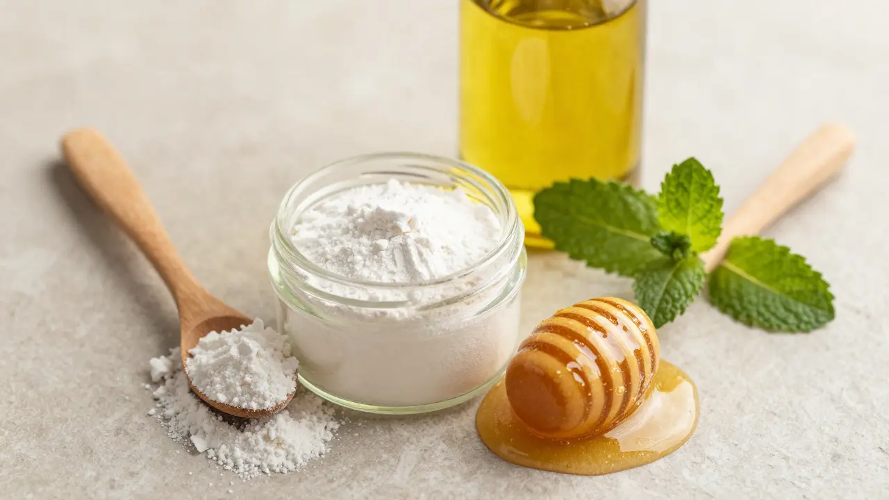 Domácí peeling z jedlé sody a medu na kamenném povrchu