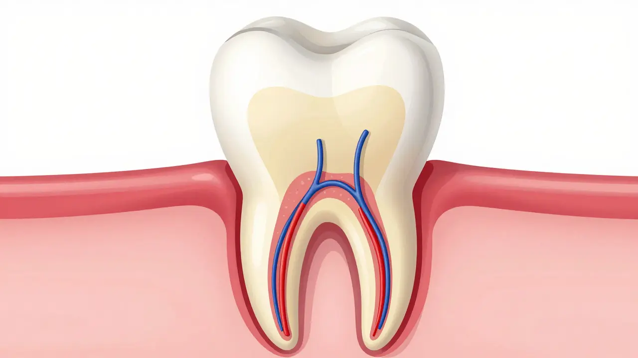 Ilustrace řezu zubem zobrazující email, dentin a pulpu