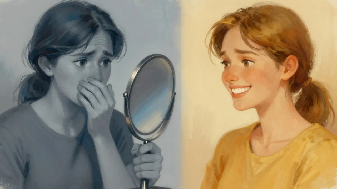 Ilustrace rozdělená na poloviny ukazující změnu od nejistoty k sebevědomí
