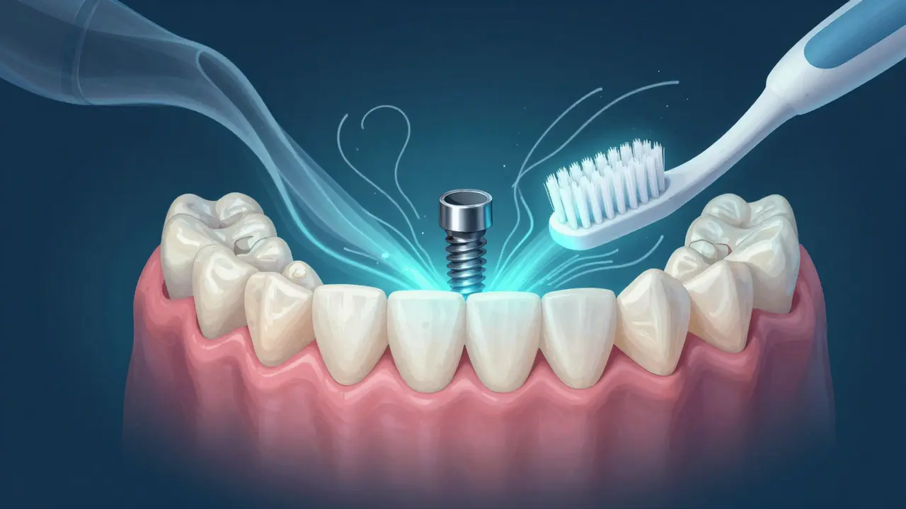 Ilustrace zubního implantátu v kosti s důrazem na hygienu a dlouhodobou péči