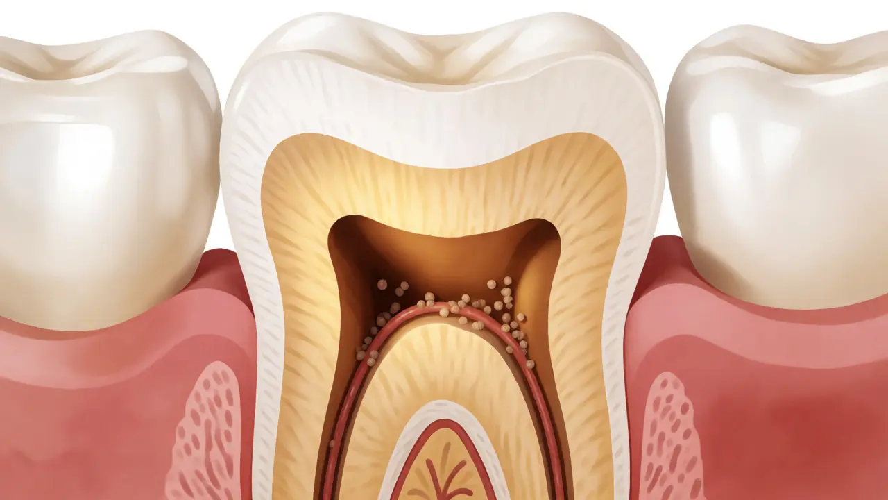 Řez zubem ukazující postupující kaz do dentinu a dřeně