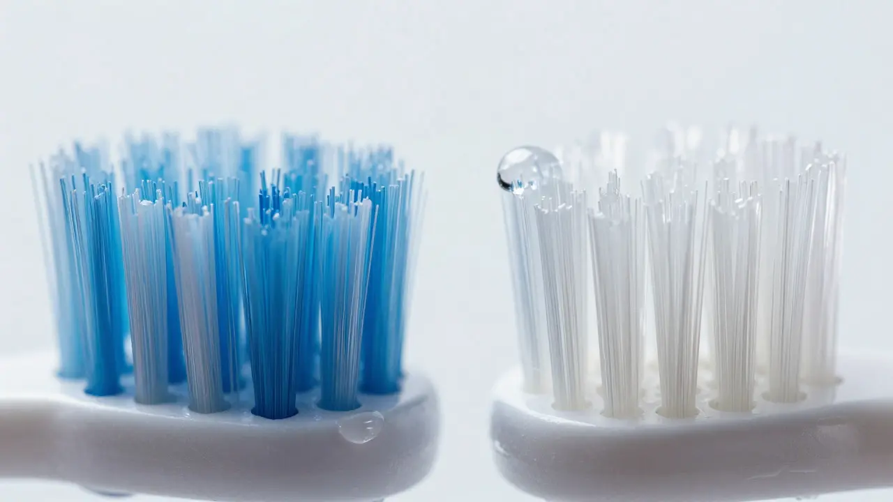 Srovnání jemných štětin Curaprox a hustých štětin Sonicare v detailním záběru.