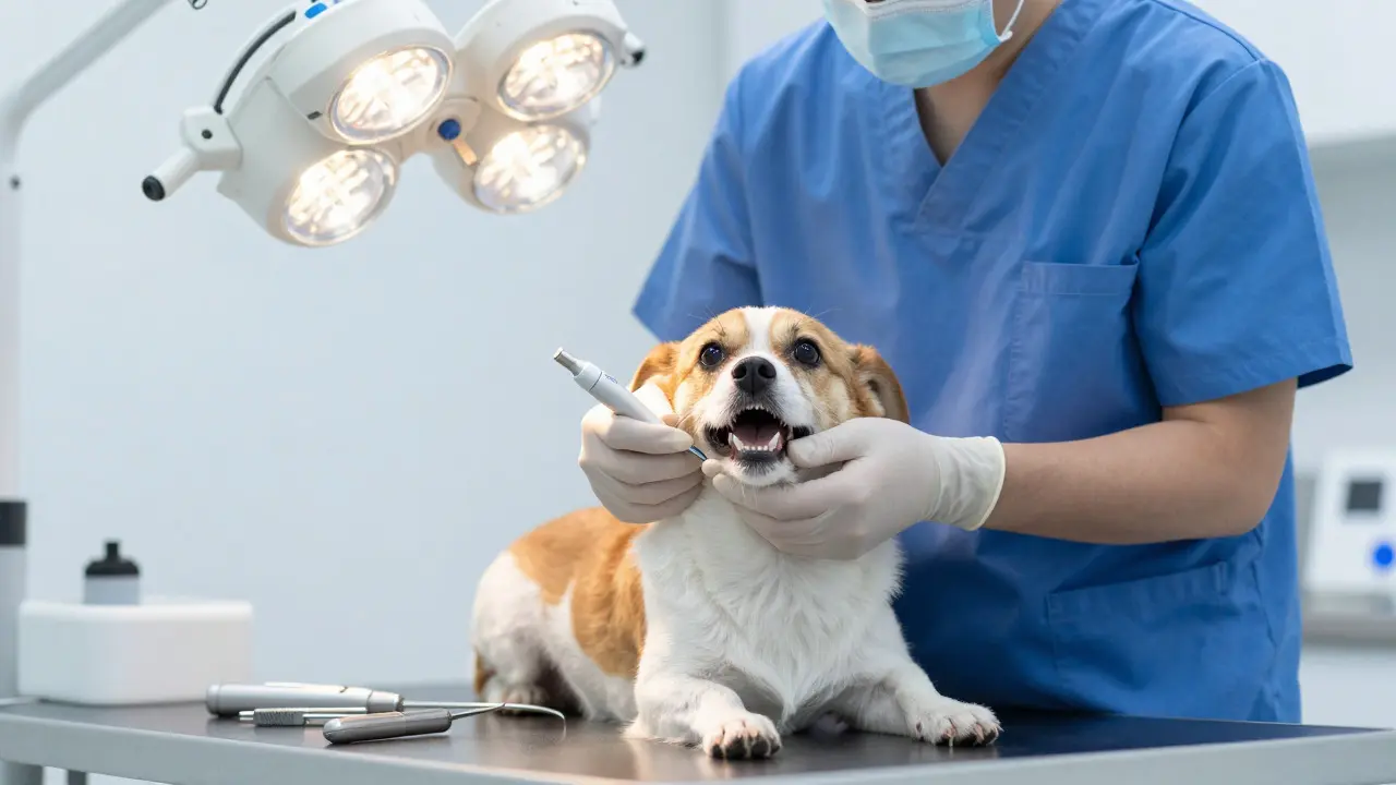 Veterinář vyšetřuje zuby malého psa v ordinaci s profesionálním vybavením.