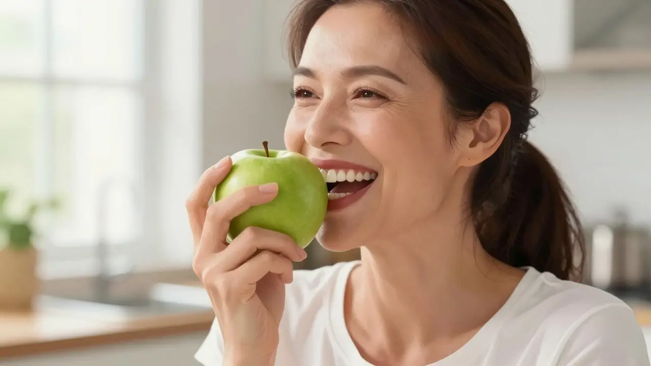 Woman smiling confidently while biting into a fresh green apple