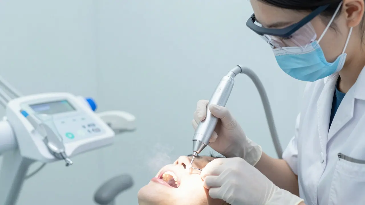 Zubní hygienista provádí ultrazvukové čištění zubů