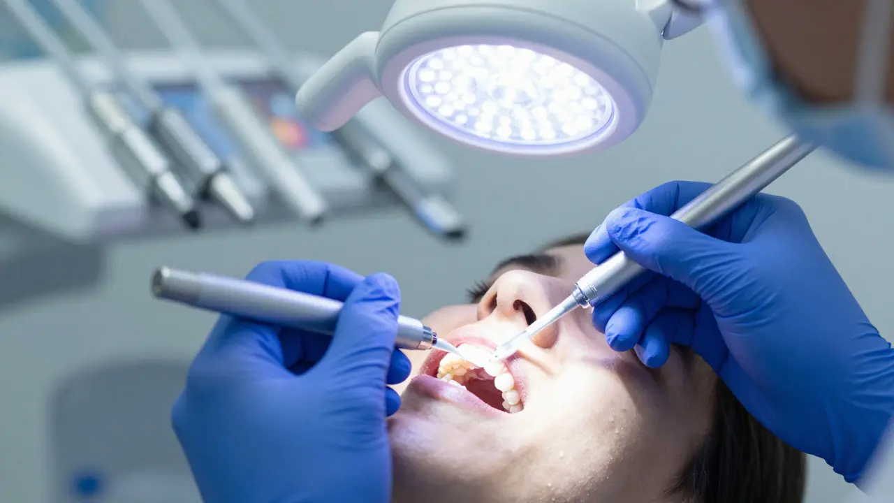 Zubní lékař aplikuje profesionální bělicí gel pod LED světlem