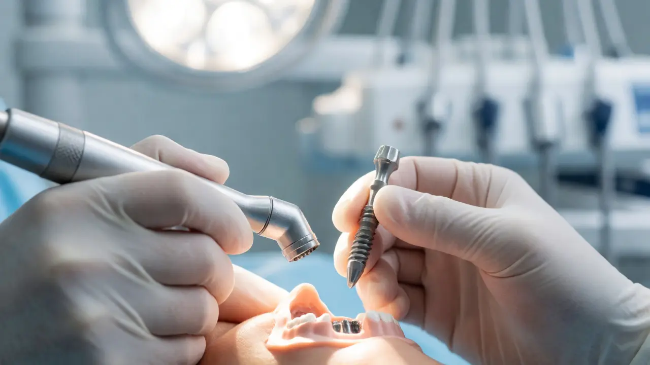 Detailní záběr na zavádění titanového zubního implantátu