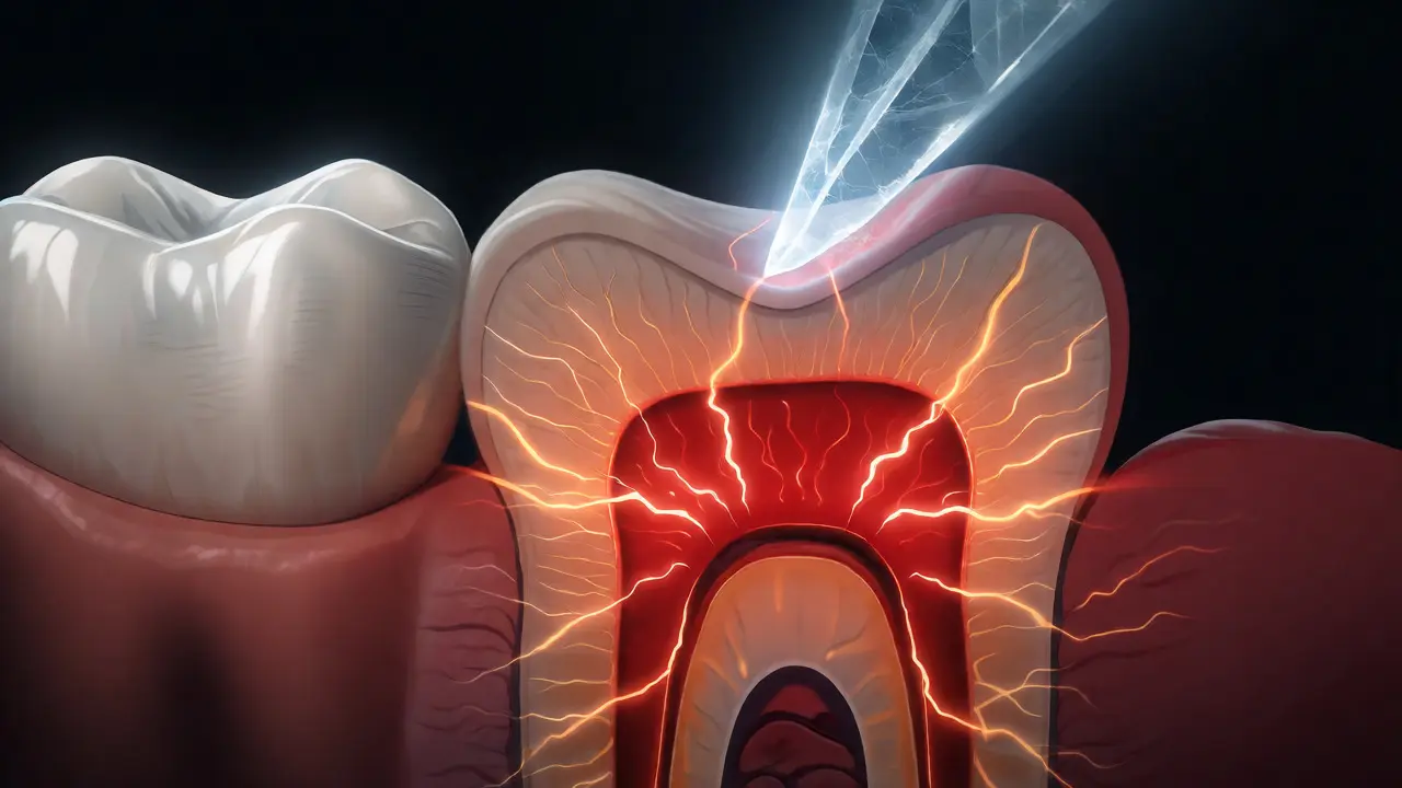 Ilustrace zánětu pulpy a citlivosti dentinu