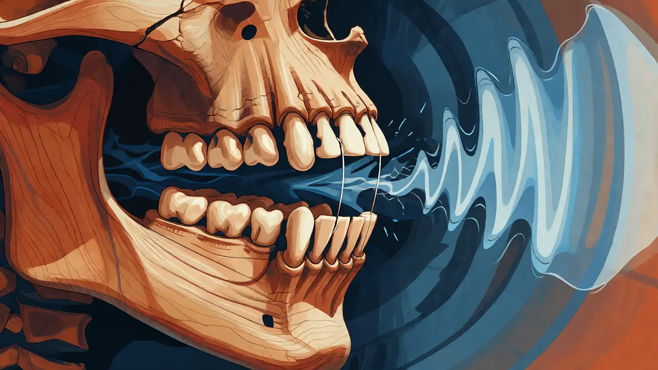 Konceptuální ilustrace zubů jako strun houslí, kde prasklý zub způsobuje zkreslené zvukové vlny.