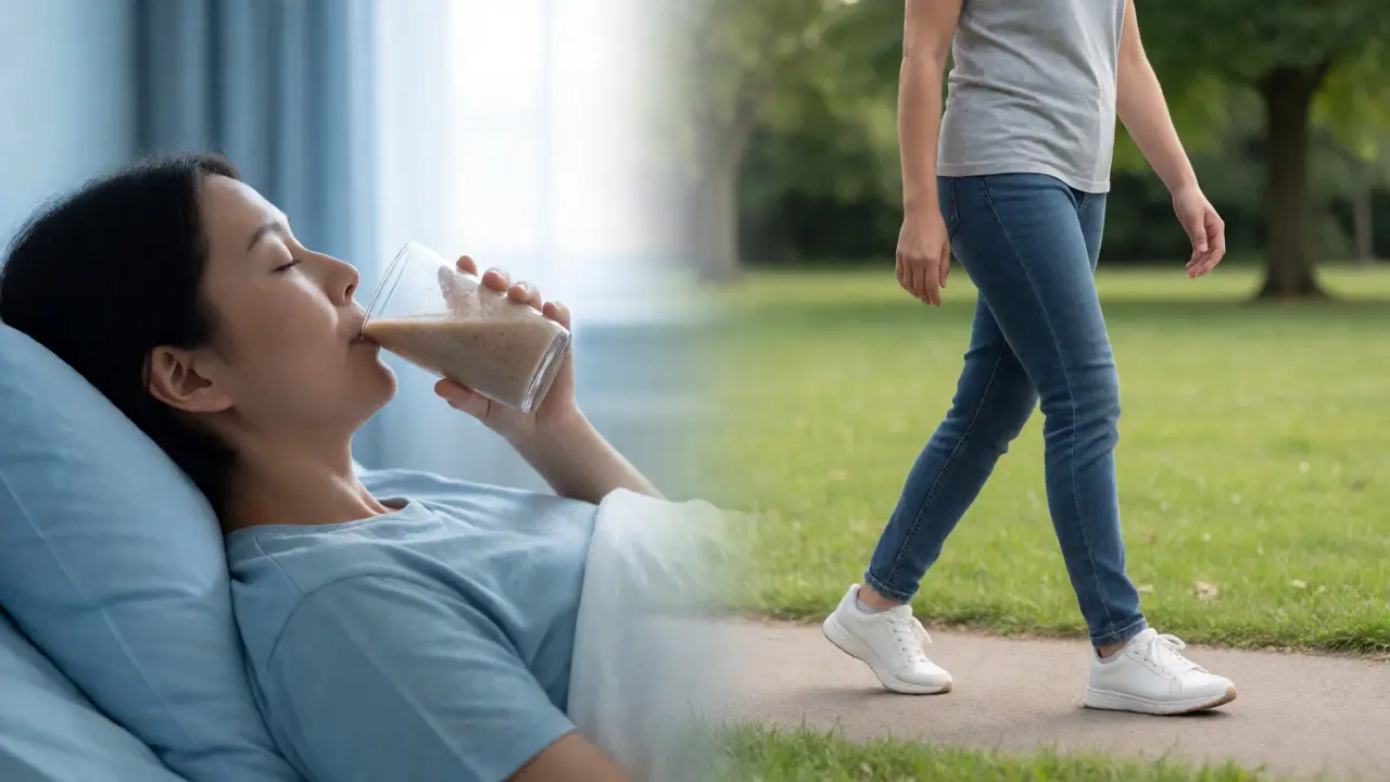 Porovnání odpočinku doma s pitím smoothie a pomalé chůze venku.