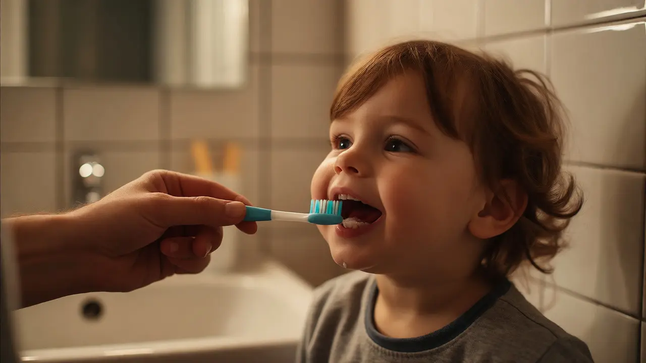 Rodič jemně čistí zuby malému dítěti kartáčkem s fluoridovou pastou.