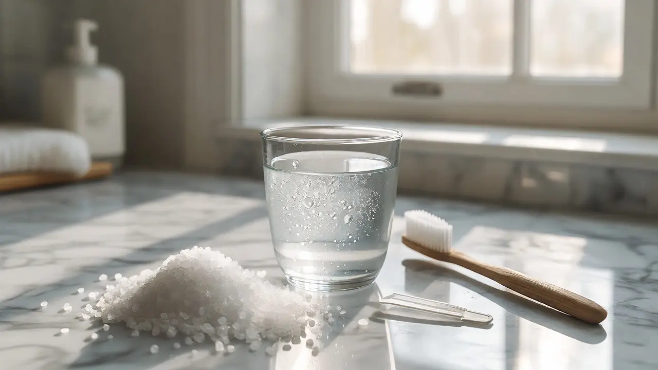Sklenice se slanou vodou, sůl a zubní pomůcky na umyvadle