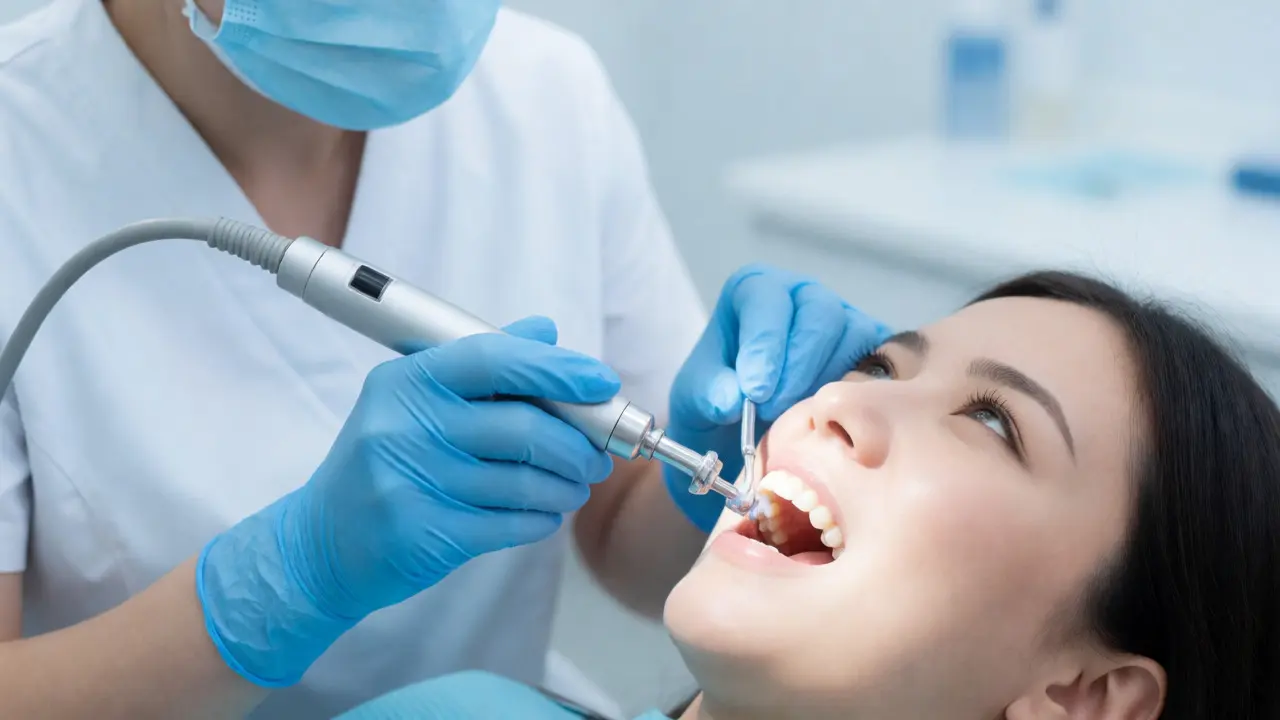 Zubní hygienista odstraňuje kámen ultrazvukem