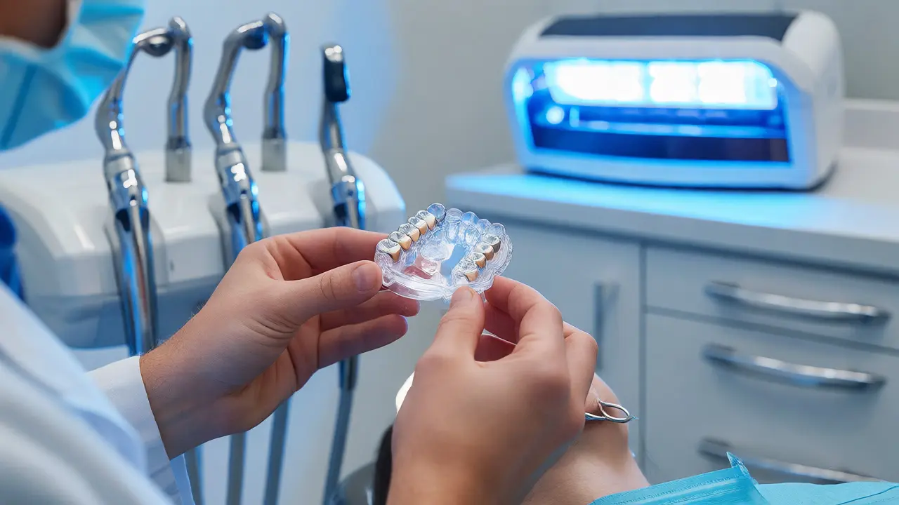 Zubní lékař aplikuje bělící gel v čisté ordinaci s moderním vybavením