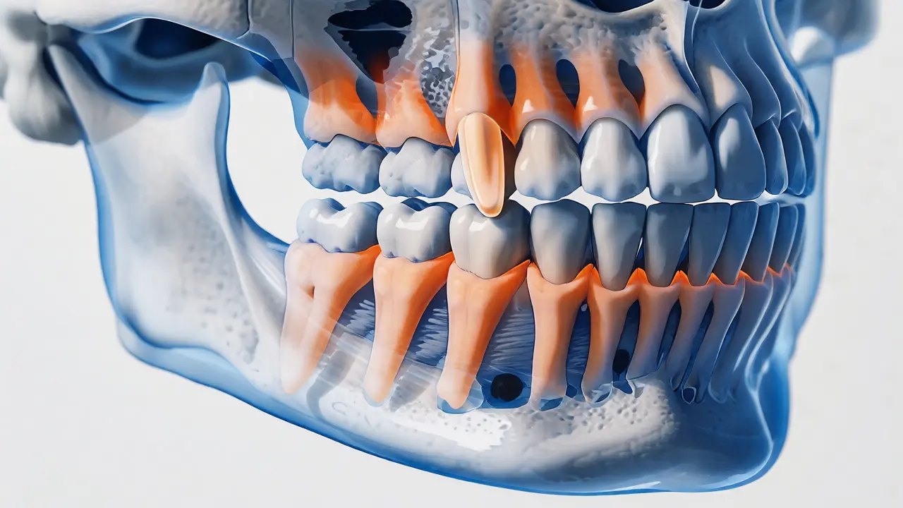 Anatomické znázornění funkce špičáků, třenových zubů a stoliček při žvýkání