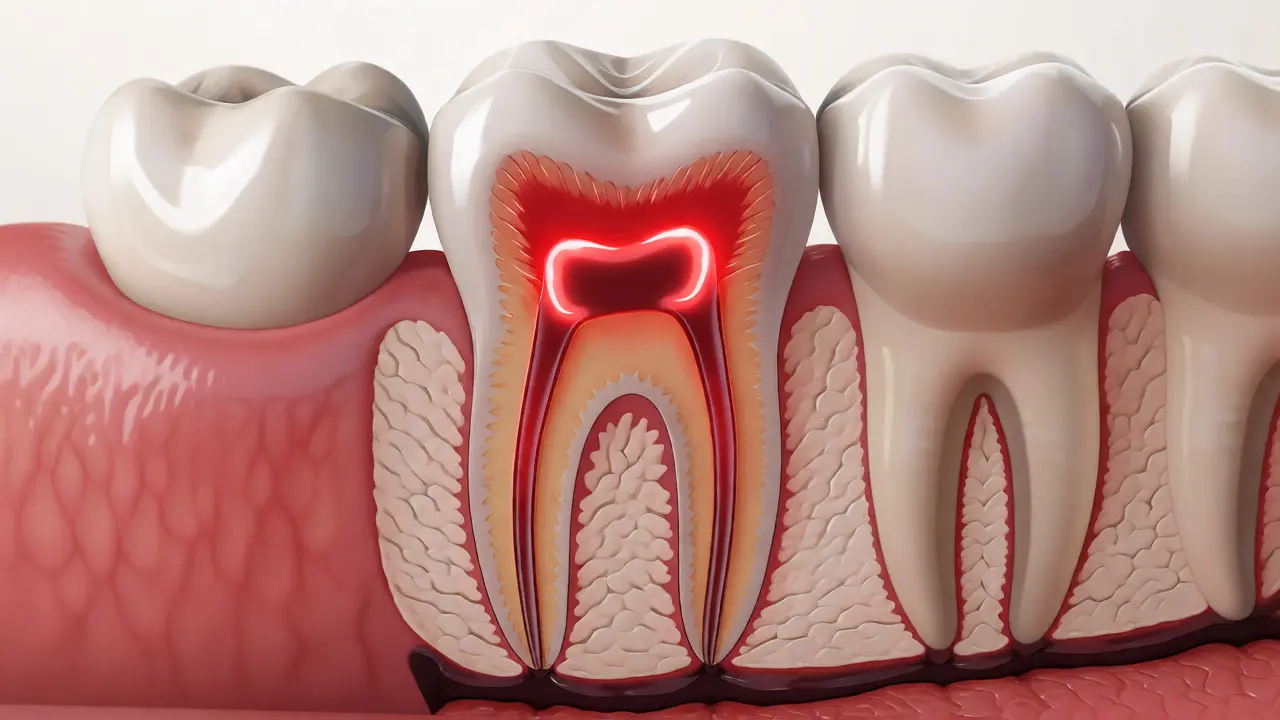 Anatomický řez zaníceným zubem s viditelnou dření
