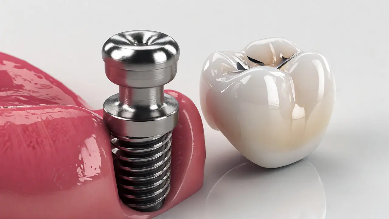 Detailní pohled na titanový zubní implantát a keramickou korunku.