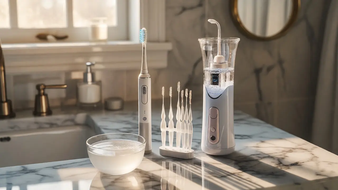 Hygienické pomůcky na umyvadle: kartáček, mezizubní kartáčky a irigátor