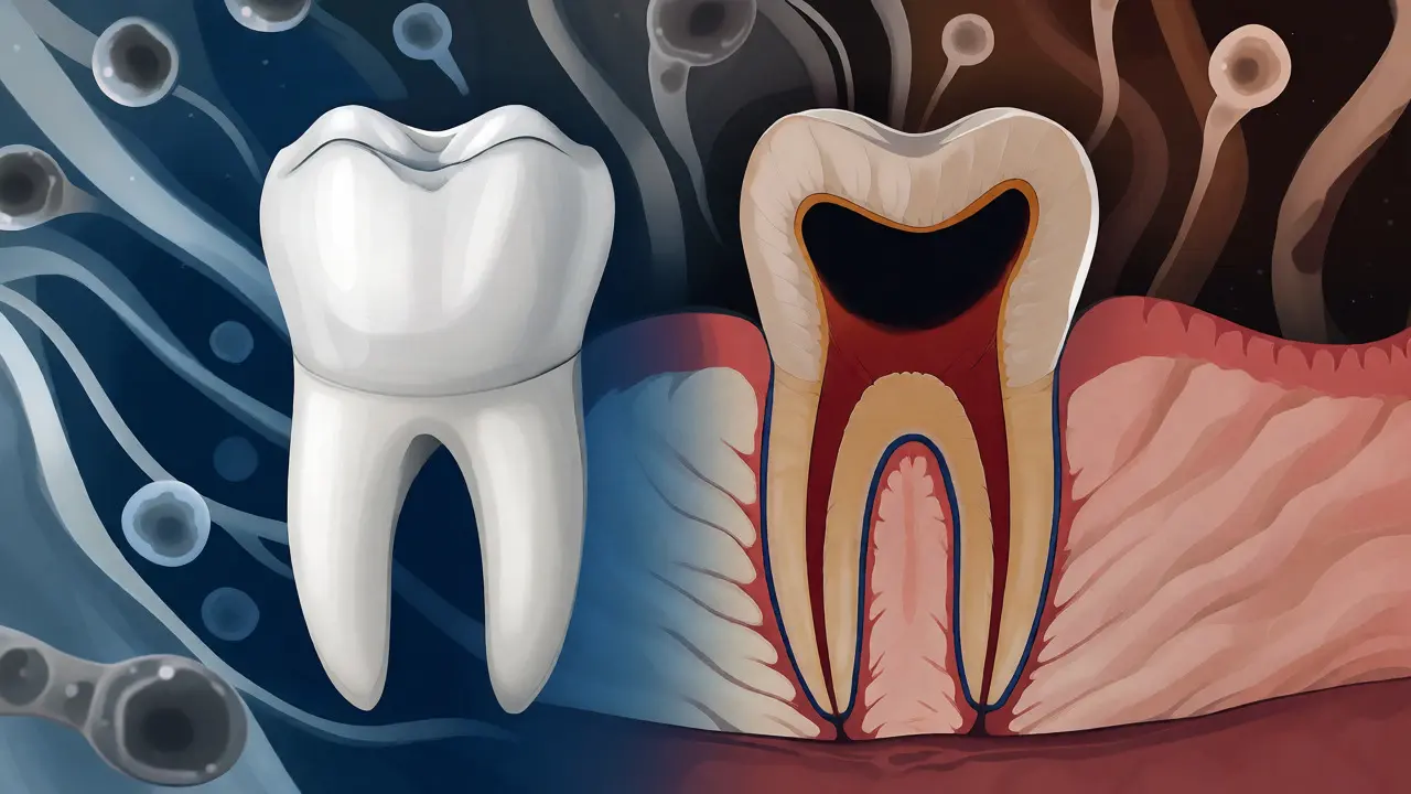 Ilustrace kazu pronikajícího sklovinou a dentinem do nitra zubu.