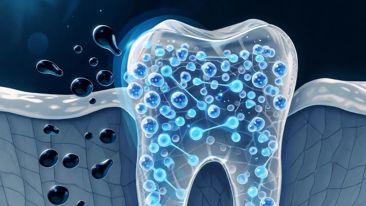 Ilustrace remineralizace skloviny pomocí fluoridu a hydroxyapatitu.