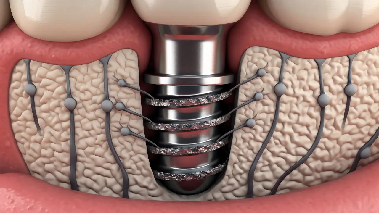 Ilustrace srůstání titanového implantátu s čelistní kostí
