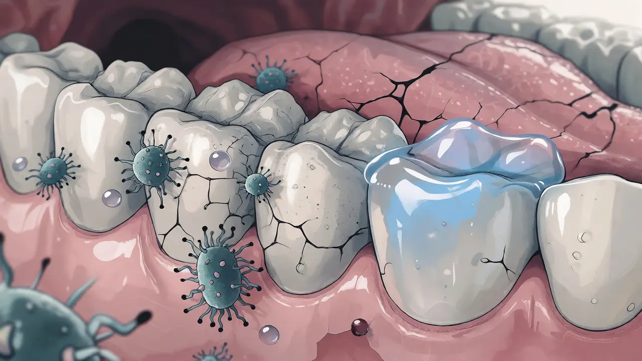 Ilustrace suchých úst s bakteriemi a ochrannou vrstvou fluoridu