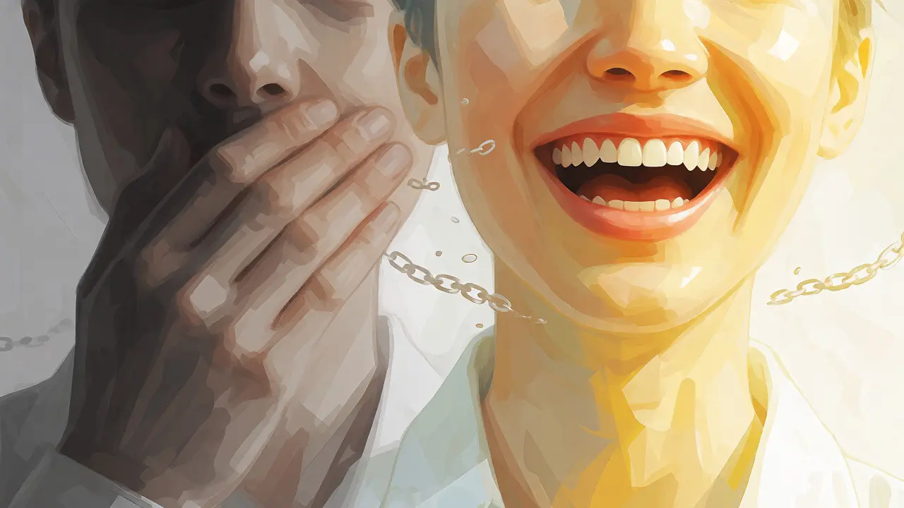 Konceptuální ilustrace přeměny od nejistoty k otevřenému smíchu