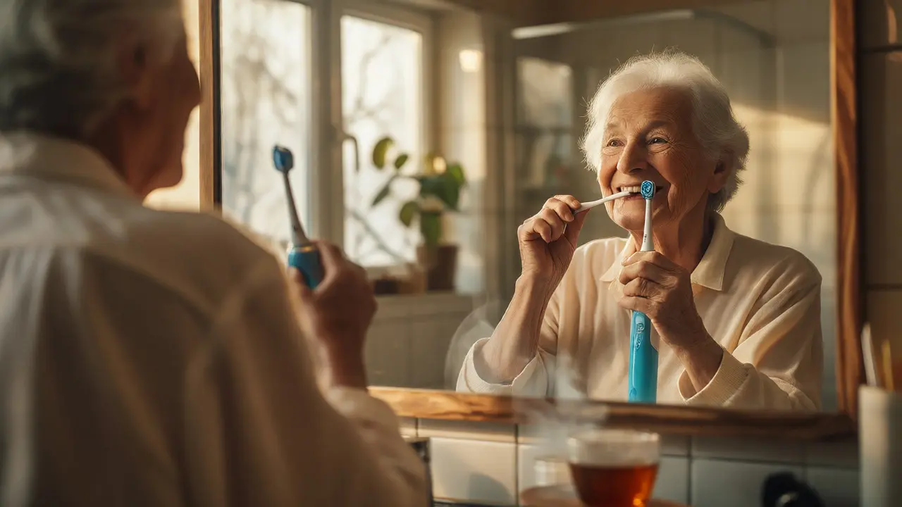 Senior používá elektrický kartáček na zuby