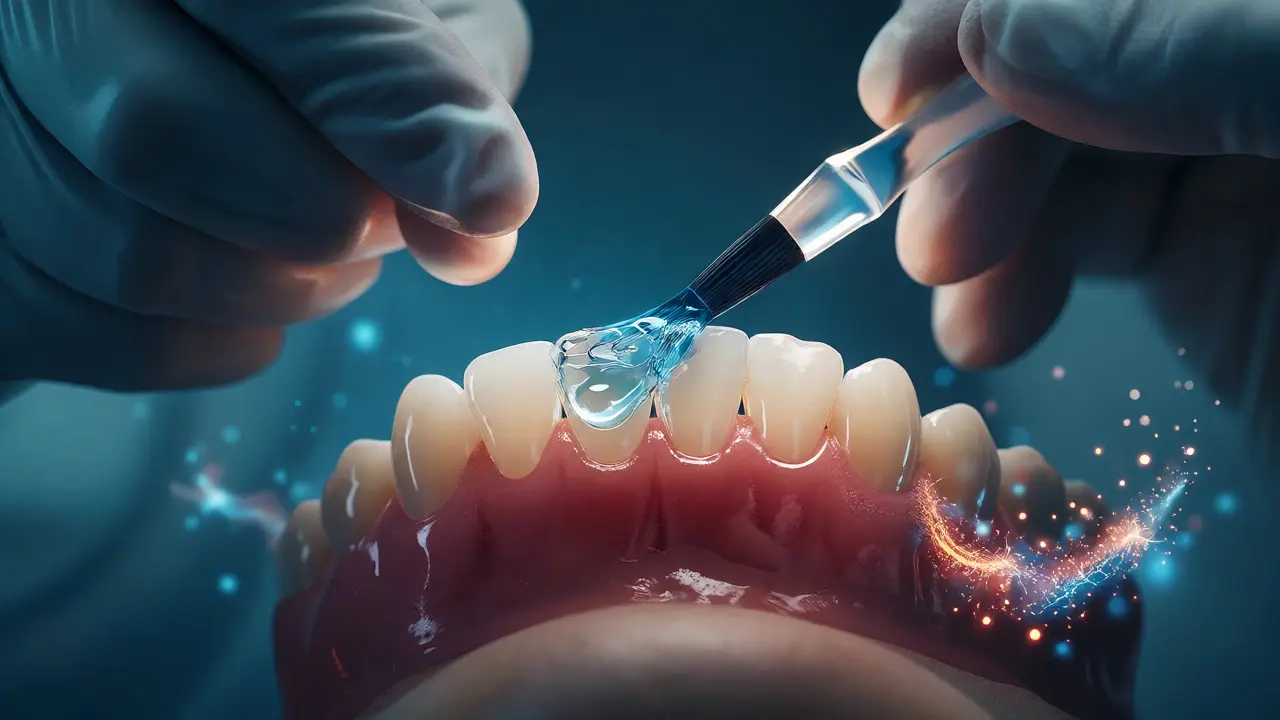 Zubař aplikuje fluoridový lak na zuby pacienta
