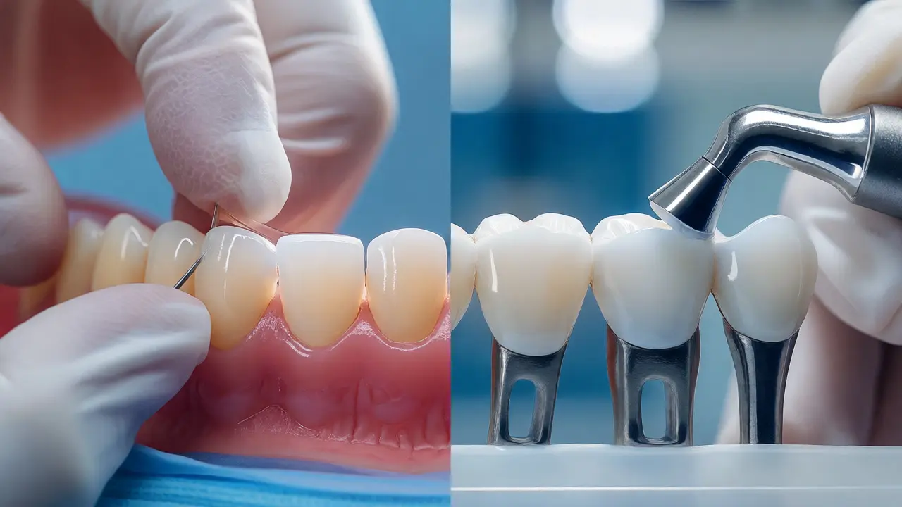 Zubní lékař aplikuje porcelánovou vinyrovku a kompozitní bonding na zuby pro rychlou estetickou úpravu.